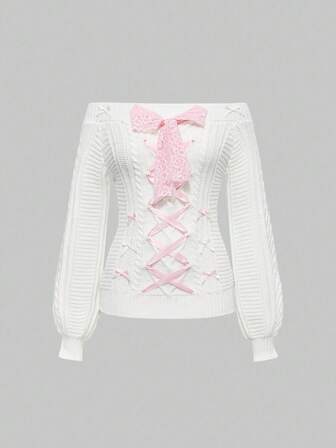 Kawaii Off-Shoulder Pullover mit Schleifen-Dekor und Kordelzug