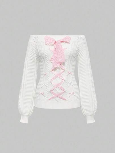 Kawaii Suéter con hombros descubiertos, decoración de lazo y cordón ajustable