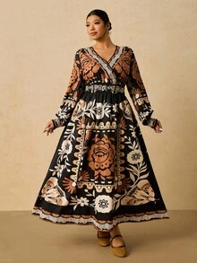 SHEIN VCAY 大码秋季服装全印花褶皱豹纹长袖连衣裙/秋季连衣裙/秋季女装秋季婚礼宾客连衣裙优雅女士连衣裙商务休闲女士工作连衣裙商务连衣裙 - 彩色 - 查看 5