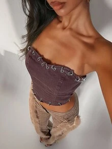 Jeanoix 女士时尚休闲街头复古 Y2K 牛仔上衣 - 棕色 - 查看 1