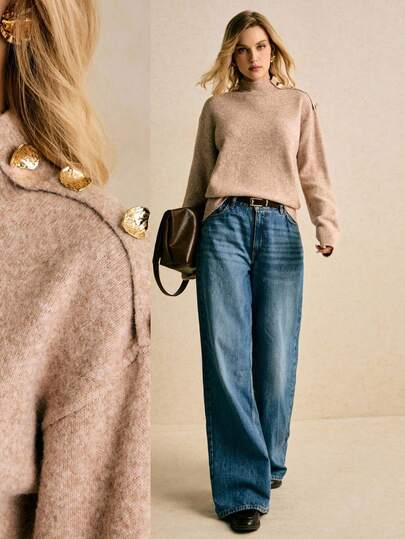 Poéselle 女士毛衣，高领毛衣，金属纽扣装饰，柔软舒适，保暖，驼色毛衣，卡其色毛衣，宽松毛衣，女士纯色立领落肩长袖纽扣设计休闲毛衣，秋冬女士毛衣，秋季女士毛衣，冬季女士毛衣