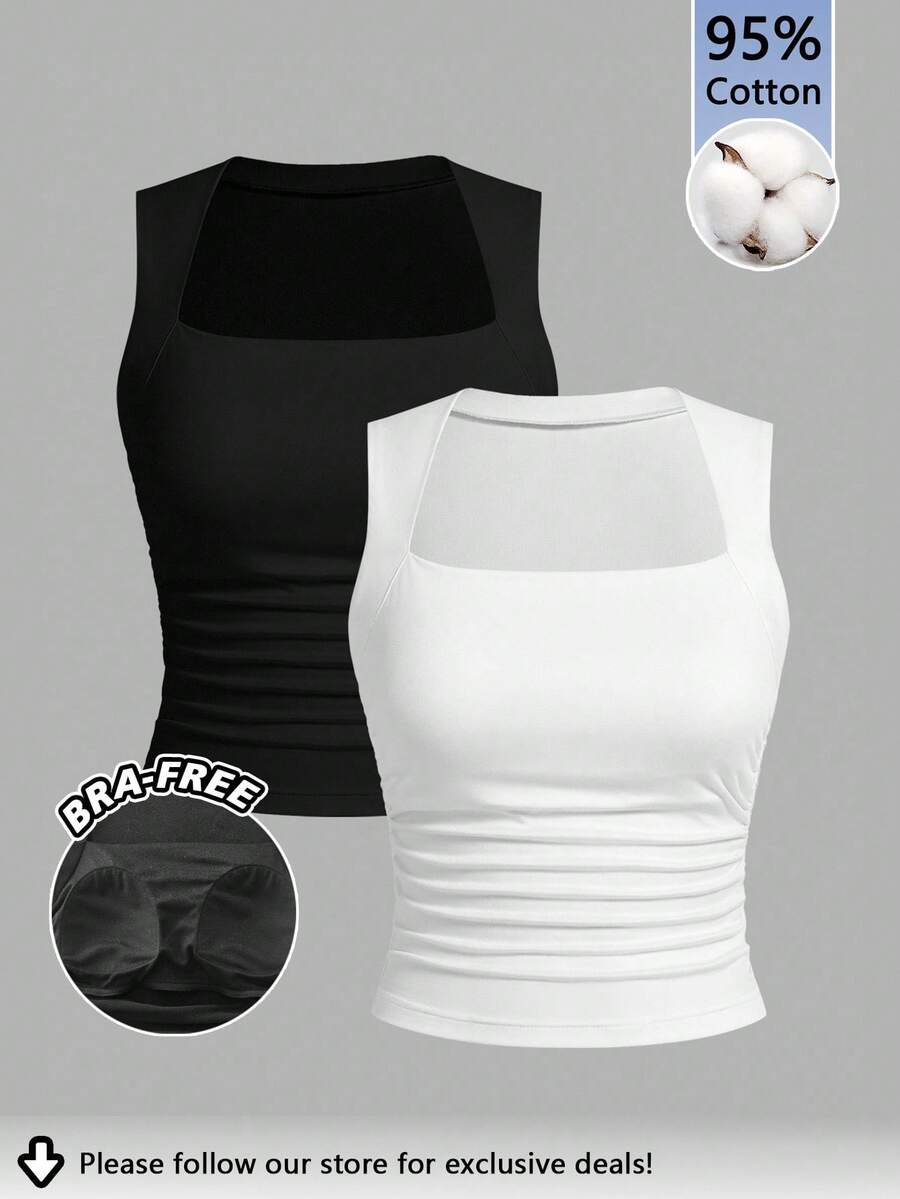 Tseoso 2 件 95% 纯棉黑白 FERR BAR 性感短款吊带背心，带衬垫胸部，适合夏季至初秋，打底衫，四季穿着，复古，可爱柔软女孩，居家，返校，秋季女士 - 彩色 - 查看 1