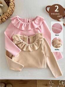 LMoss Kids 2 Stück Baby Mädchen gestrickte einfarbige Rüschen Saum Lässig Top Set, Pullover, Winterkleidung für Baby, Winterkleidung für Baby Mädchen, Herbstoutfit, Herbstkleidung für Baby, Herbst Tops, Langarmshirts, T-Shirts - Verschiedenfarbig - Übersicht 10