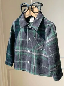 Áo sơ mi kẻ caro cổ bẻ màu xanh lá cây cho bé trai, thích hợp cho tiệc Giáng sinh, lót dày giữ nhiệt cho mùa đông - màu xanh lá - Xem 6