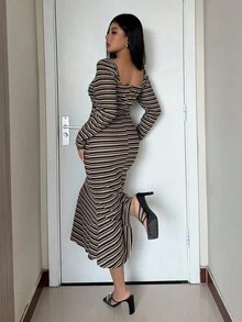 Modelyn Vestido feminino listrado de outono/inverno com zíper e manga comprida, elegante e justo, multicolorido - Multicolorido - Ver 2