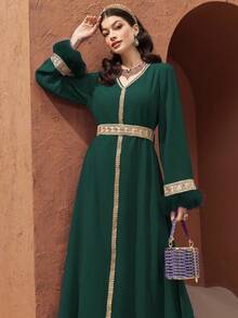 Al Najma Women's Colorblock V-Neck Raglan Sleeve Elegant Long Tunic Dress