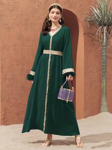 Al Najma Women's Colorblock V-Neck Raglan Sleeve Elegant Long Tunic Dress