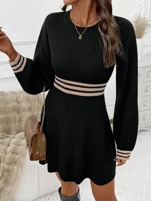 SHEIN Clasi Vestido de suéter de punto elegante y versátil para mujer, vestido holgado con cintura ceñida y gran elasticidad, vestido de suéter de capa para otoño - Negro - Ver 4