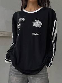 DAZY Women's Crew Neck Striped Long Sleeve Printed Fashion T-Shirt Preppy Tops Fall Tops