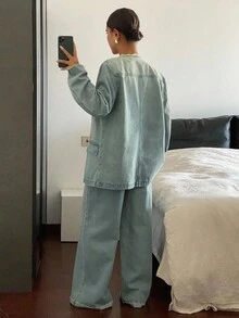 DAZY 2 Stücke Damen Denim Jacke mit V-Ausschnitt und weite gerade Hose Set, lässiger Jeans Outfit