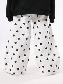 SUMWON بناطيل واسعة الساق بنقشة نقاط للأطفال بخصر عالي على الطراز الرجعي، بناطيل بالاتزو قطنية فضفاضة مريحة، ملابس سفلية كاجوال للخريف والشتاء