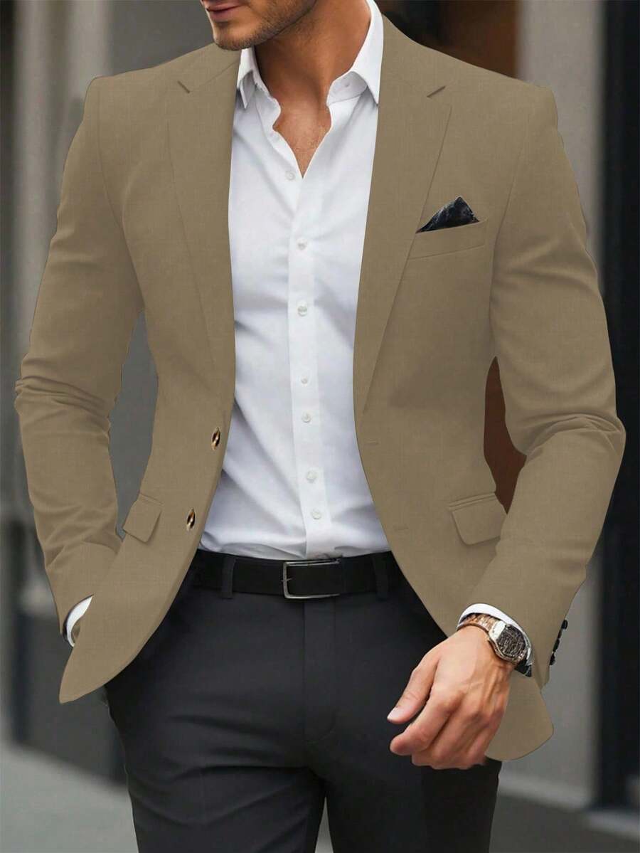 Calvornis Áo khoác vest nam màu trơn thường ngày đi làm, vest màu be cho nam, vest kem cho nam, áo khoác blazer thời trang nam, áo khoác cưới cho nam, phong cách cổ điển, sang trọng - Màu be - Xem 1