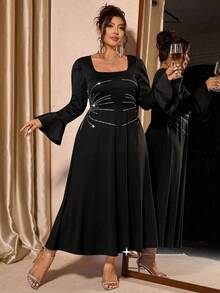 Cravure Plus Size Women's Rhinestone Embellished Flare Sleeve Dress, French Elegant Party & Everyday Wear - Black - View 7
