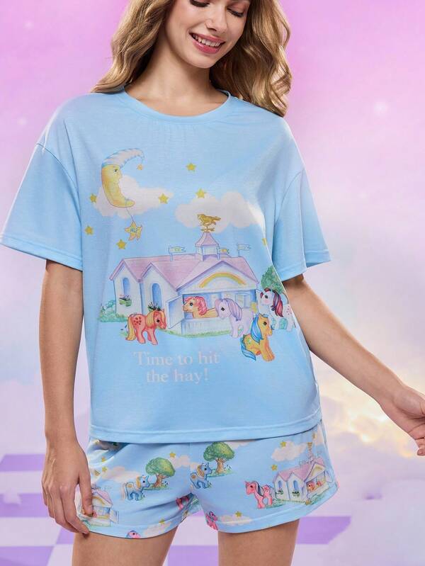 My Little Pony X SHEIN Women's Cute Horse Print Round Neck Short Sleeve T-Shirt And Shorts Pajama Set, Summer