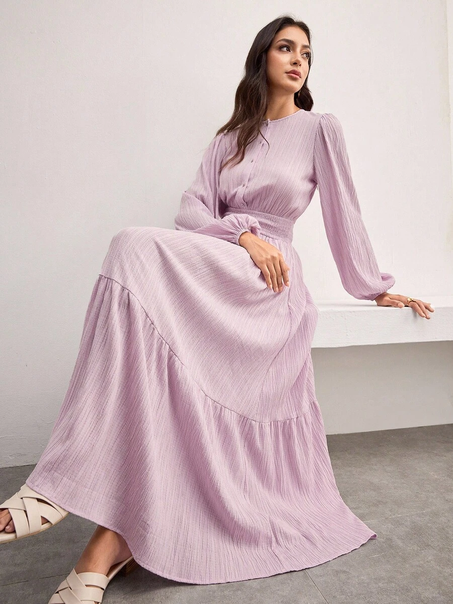 Veilorie Váy Abaya thời trang tay loe raglan cổ tròn màu trơn dành cho nữ bằng vải kết cấu - Màu Hồng baby - Xem 1