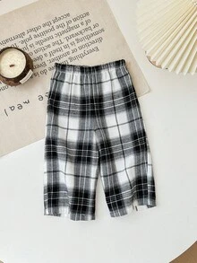 SHEIN Pantalones casuales y versátiles con estampado a cuadros y cintura elástica para bebé niña