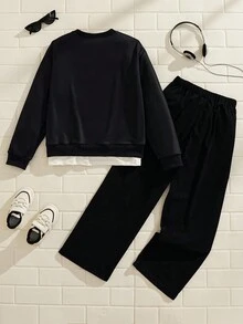 Explorewe 2pcs/Set American Fleece Letter Print Sweatshirt And Wide Leg Pants, American Street Style, Casual, Suitable For Spring, Autumn, Winter Fall - Royal Blue - View 2