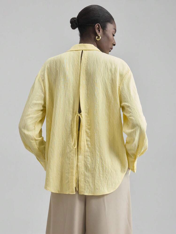 Women's Pale Yellow Autumn Long Sleeve Casual Blouse,Linen Breathable Vacation Top,Elegant Slouchy Old Money Style,Minimalist Solid Color Fashion