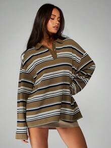MISSGUIDED Retro Oversized Striped Rugby Polo Long Sleeve Collared Pullover Casual Fall Winter Streetwear Preppy Style Relaxed Fit Drop Shoulder Top - Green - View 3