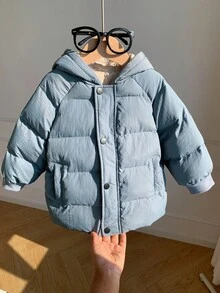 SHEIN Áo khoác mùa đông có mũ trùm đầu màu xanh dương có khóa kéo, đệm cotton, thoải mái, dễ phối đồ, đa năng, mềm mại, phù hợp để chơi trên tuyết - Màu xanh bụi bặm - Xem 7