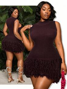SHEIN SXY Plus Size Women's Dark Purple Autumn Elegant Coffee Brown Stand Collar Sleeveless Hollow Out Fringe Mini Bodycon Knit Crochet Tassel Dress Fall - Coffee Brown - View 1