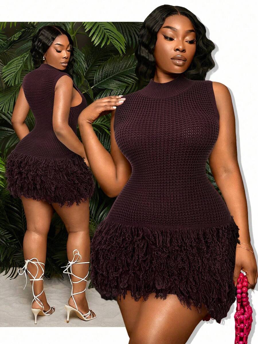 SHEIN SXY Plus Size Women's Dark Purple Autumn Elegant Coffee Brown Stand Collar Sleeveless Hollow Out Fringe Mini Bodycon Knit Crochet Tassel Dress Fall - Coffee Brown - View 1