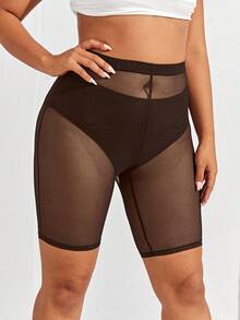 SHEIN SXY Plus Size Women's Coffee Brown Sheer Mesh Cycling Shorts (Underwear Not Included)