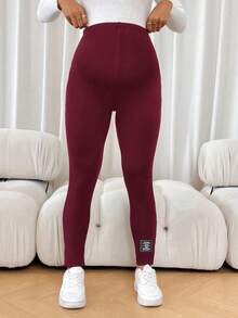 SHEIN 孕妇纯色可调节腰部保暖内衬打底裤 - 酒紅色 - 查看 6