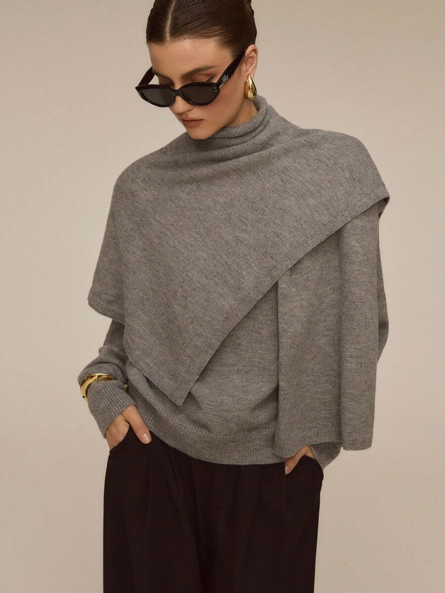 ATUI Studio 女士休闲披肩领纯色长袖毛衣，披肩领毛衣，灰色毛衣，秋季毛衣，女士秋季毛衣，女士毛衣，秋季羊毛毛衣，秋季，户外，灰色毛衣 - 灰色 - 查看 1