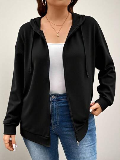 EMERY ROSE Casual Minimalist Versatile Solid Black Loose Fit Hooded Sweatshirt Sweatshirt, Fall/Winter