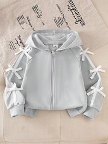 2 peças/Conjunto Jaqueta com Capuz de Malha Cinza com Laço e Calça Flare para Meninas Jovens, Conjunto Esportivo Casual para Outono e Inverno - Cinza - Visão 3