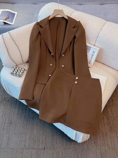 Franclia 女士优雅格子西装外套和中长裙两件套西装套装，秋冬