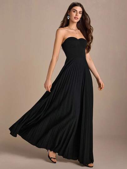 CLARA VERO Women's Strapless Pleated Maxi Dress, Elegant And Flowing Evening Gown Strapless Black Dress Long Black Elegant Dress Pleated Dresses For Women Ankle Length Dress Black Bridesmaid Dress