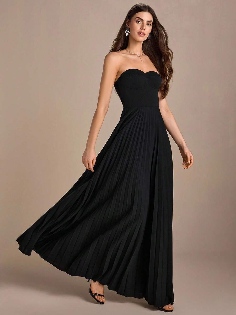 CLARA VERO Váy Maxi xếp ly không dây dành cho nữ, Váy dạ hội thanh lịch và bồng bềnh - màu đen - Xem 1