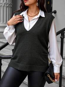 Easura 女士加大码纯色针织背心，适合冬季 - 黑色 - 查看 4