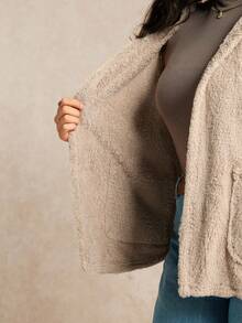 EMERY ROSE Plus Size Casual Solid Color Sleeveless Hooded Jacket, Suitable For Autumn/Winter - Apricot - View 7