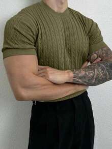 Manfinity Homme Men's Solid Color Cable Knit Crew Neck Casual Short Sleeve Sweater Knit Top Men Men S Textured Shirt - Army Green - View 2