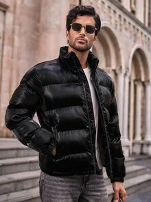 Manfinity BRENVOR 男士纯色拉链长袖保暖棉服外套，背面有字母印花，冬季 - 黑色 - 查看 5