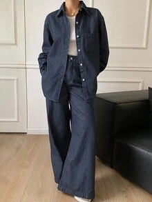 DAZY Women's Turndown Collar Striped Loose Denim Shirt And Straight Leg Jeans Casual Denim Set - Medium Wash - View 1