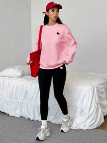 SHEIN EZwear 2pcs Casual Minimalist Horse Print Pattern Loose Crew Neck Sweatshirt And Skinny Leggings Set, Suitable For Autumn/Winter