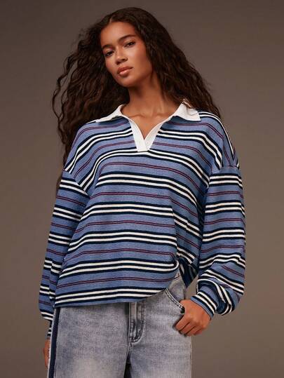 Athîral Women's Blue Multi-Stripe Polo Collar T-Shirt | Soft Textured Jersey Fabric, Relaxed Loose Fit, White Polo Collar With Button Placket, Long Sleeves, Minimalist Striped Pattern, Effortlessly Versatile, Office-Ready, Urban Everyday, Comfy Homewear, Classic Preppy Style For All Seasons