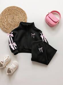 SHEIN Babygirl Cute Versatile Black Bow Collar Sweatshirt Set, Autumn/Winter Fall