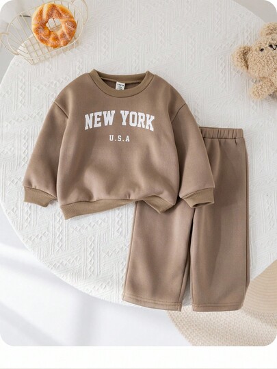 SHEIN 2pcs/Set Baby Girls Loose Casual Letter Print Sweatshirt And Pants Set For "Babygirl", Suitable For Outdoor And Indoor Wear