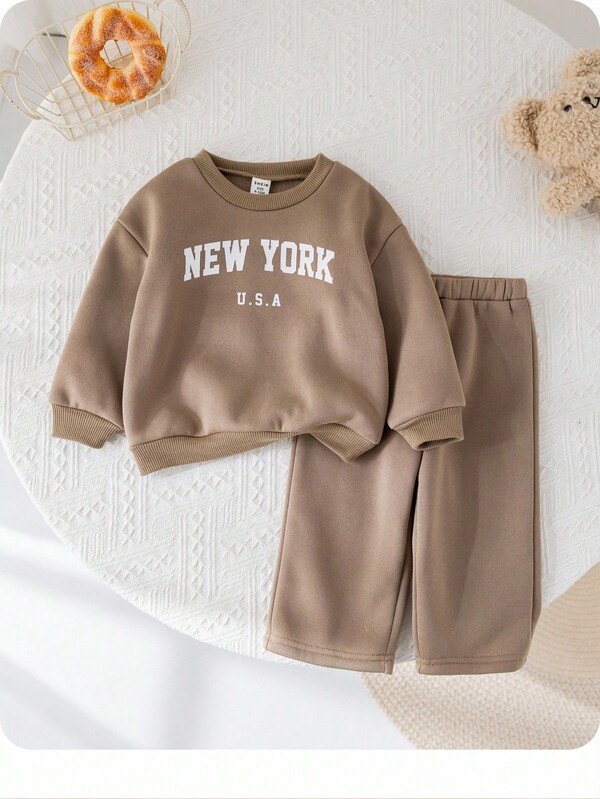 SHEIN 2pcs/Set Baby Girls Loose Casual Letter Print Sweatshirt And Pants Set For "Babygirl", Suitable For Outdoor And Indoor Wear
