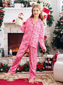 圣诞节少女蝴蝶结印花长袖纽扣上衣和裤子睡衣套装 - 彩色 - 查看 4