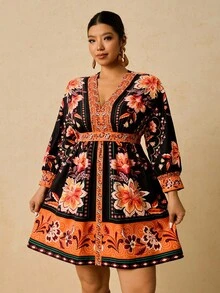 Travachic 大码女式黑黄花卉印花长袖 A 字迷你连衣裙，V 领收腰休闲连衣裙，适合秋季旅行 - 黑色 - 查看 3