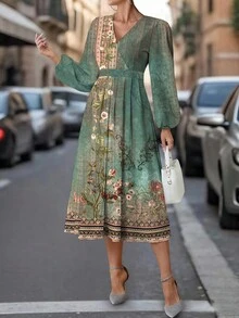 SHEIN Clasi 女士绿色复古印花V领长袖连衣裙，适合秋冬季 - 彩色 - 查看 4
