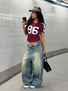 StreetHx Women's Navy Blue Numeric Print Streetwear Short Sleeve T-Shirt, Spring/Summer