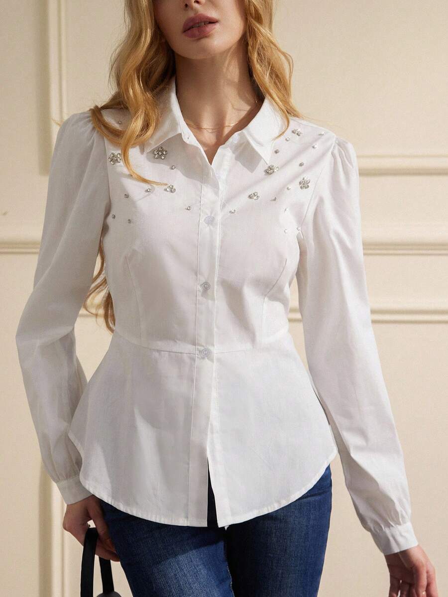 Revavyn Áo sơ mi nữ cạp chun đính đinh tán thời trang đi làm - trắng - Xem 1