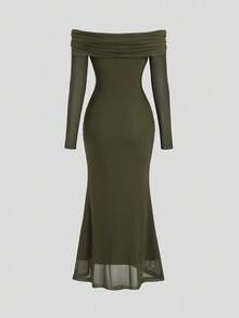 Sweetra Tall Autumn/Winter Elegant Green Mesh Off Shoulder High-End Metal Buckle Decor Fitted Mermaid Hem Long Dress For Tall Women - Army Green - View 2